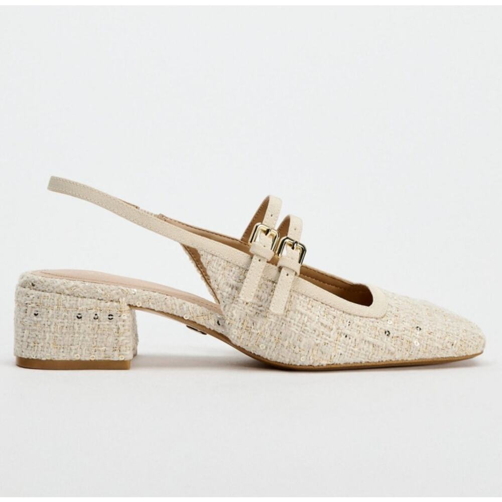 Zara NWT Cream Tweed Mary Jane Slingback Block Heels 7.5 - Picture 10 of 14